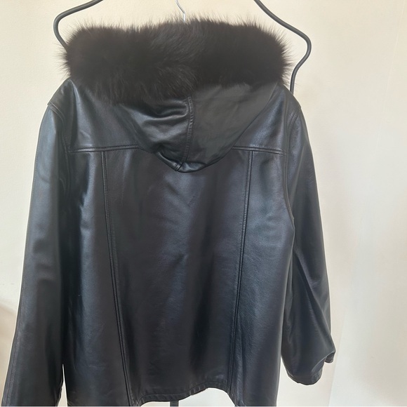 Black Sheared Beaver & Leather Reversible Coat with Fox Fur Lined Hood M/L - Picture 5 of 13